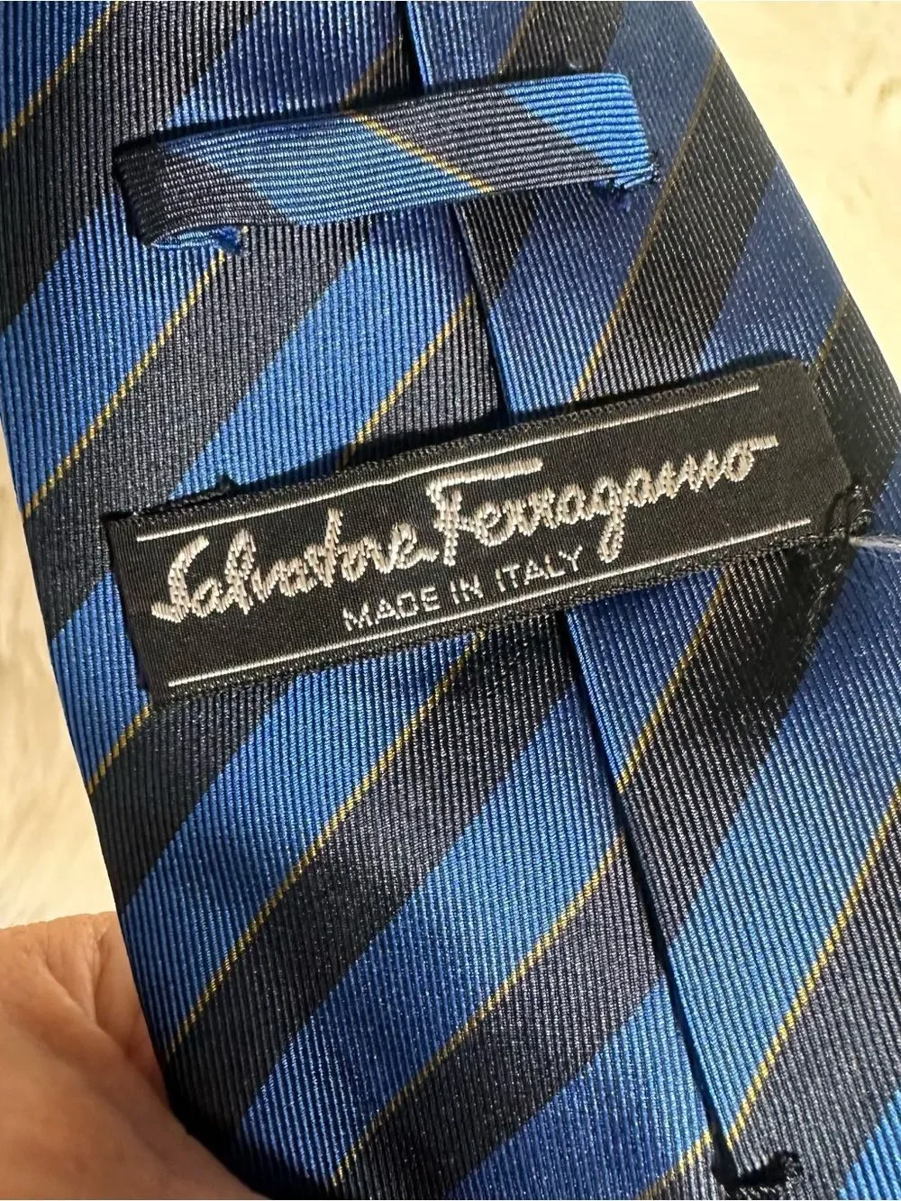 Salvatore Ferragamo Blue and Black Diagonal Stripe Tie 100% silk